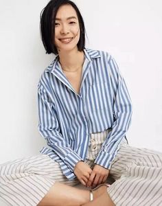 Madewell Oversized Ex-Boyfriend Shirt Mullins Stripe Blue White Womens Medium
